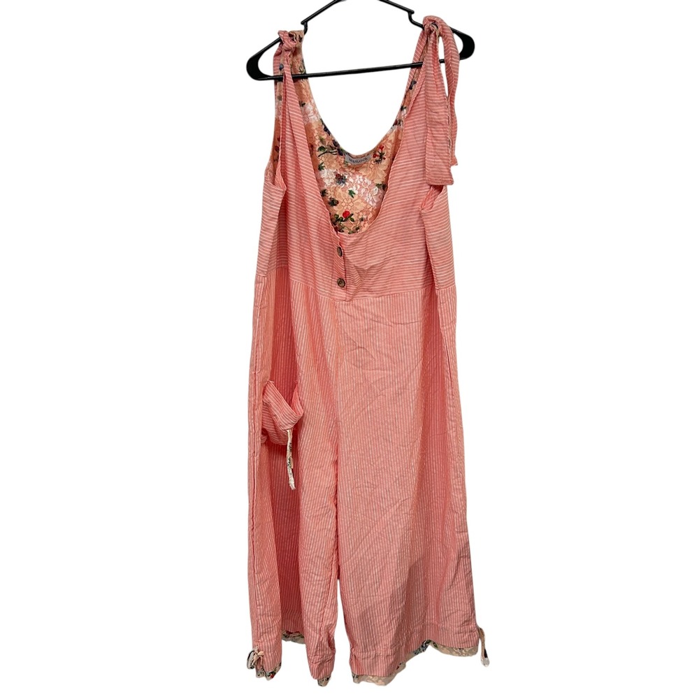 Boho Wide Leg Jumpsuit Pink Stripe Tie Strap Festival Cottagecore Romper